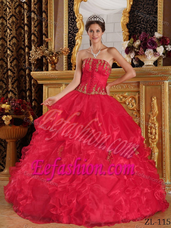 Latest Red Strapless Quinceanera Formal Dresses with Appliques in Organza