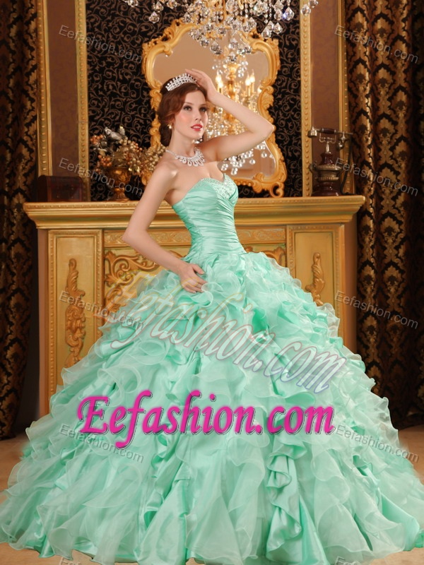 Luxurious Ball Gown Organza and Dresses for Quince in Apple Green