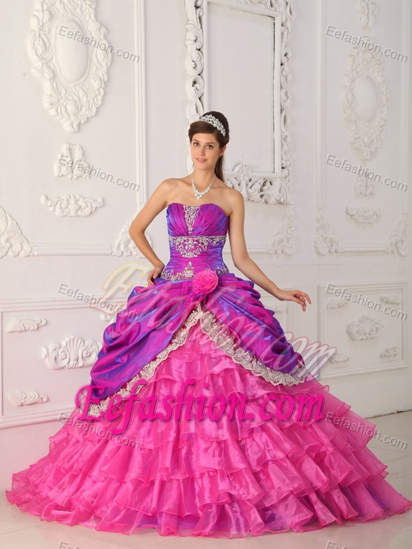 Hot Pink Ball Gown Organza and Dresses for Quince with Appliques