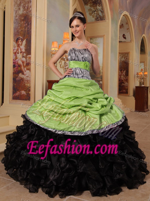 Yellow Green and Black and Organza Quinceanera Dress with Ruffles