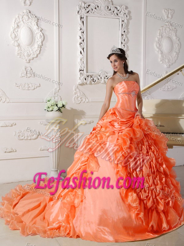 Orange Red Strapless Chapel Train Beaded Quinceanera Dresses in