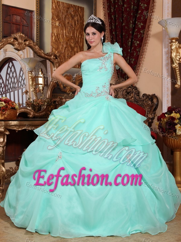 Apple Green Single Shoulder Quinceanera Dresses with Appliques in Organza