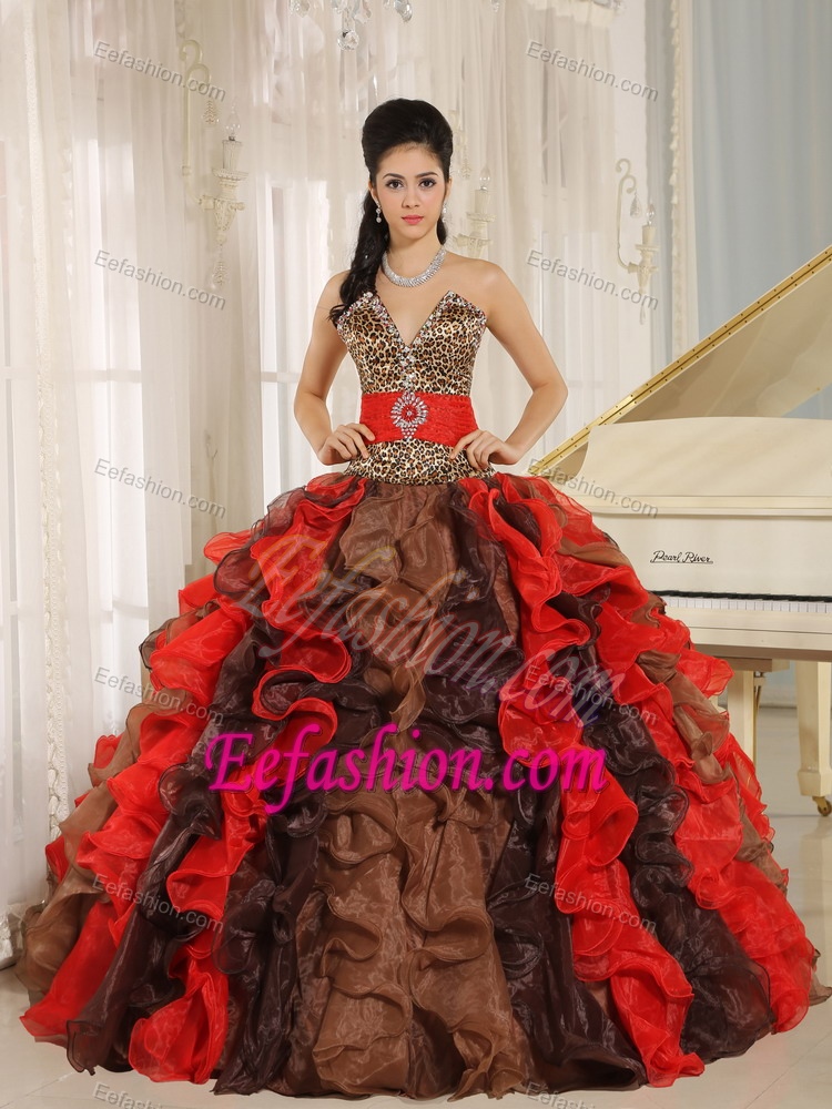 Multi-colored V-neck Leopard Quinceanera Dress with Ruffles on Promotion