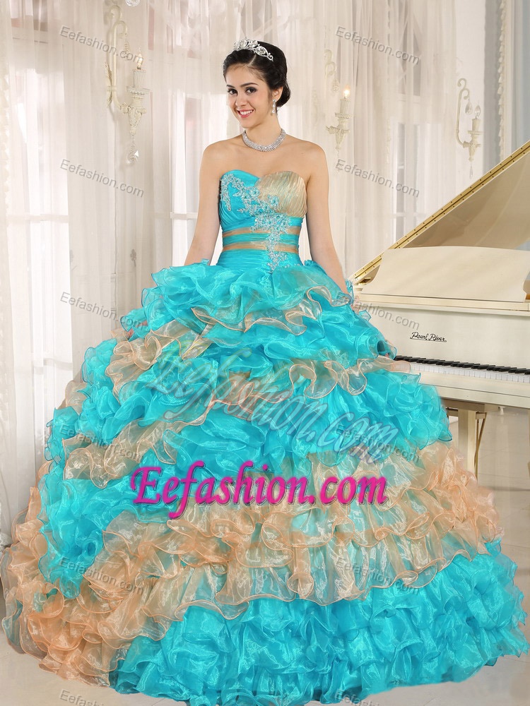 Strapless Aqua Blue and Orange Sweet 16 Dresses with Ruffles and Appliques