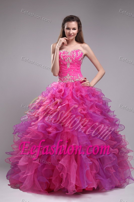 Cute Hot Pink Sweetheart Organza Sweet 16 Dress with Ruffles and Appliques