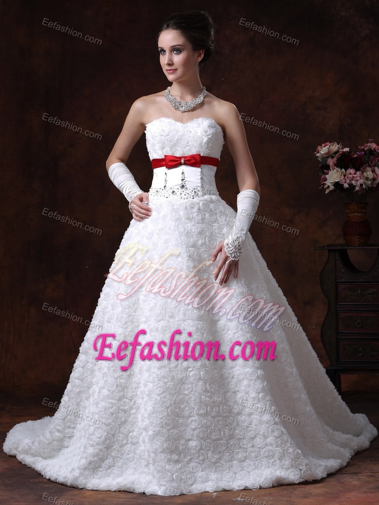Beaded A-line Sweetheart Wedding Gown with Rolling Flower and Bowknot