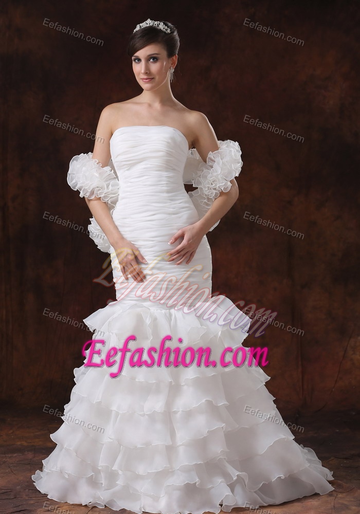 Strapless Mermaid Organza White Ruched Bridal Gown with Ruffled Layers