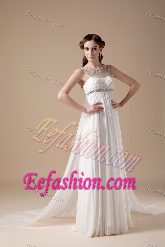 2013 Fabulous Empire Scoop Chiffon Beaded Wedding Dress with Brush Train