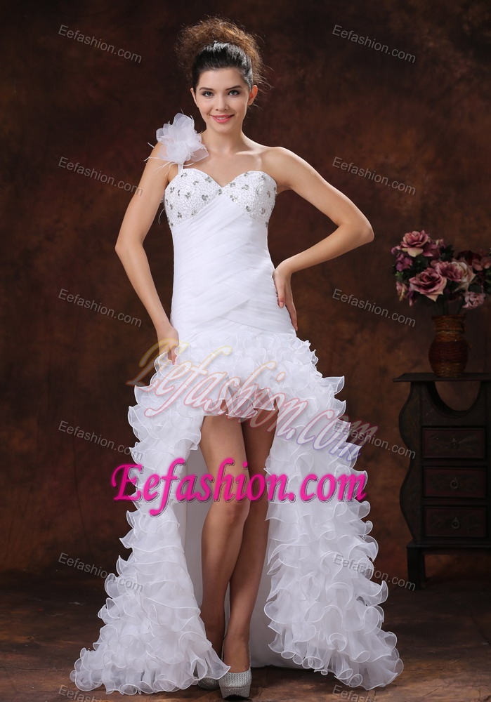 Fashionable High-low Beaded and Ruched Wedding Reception Dress for Fall
