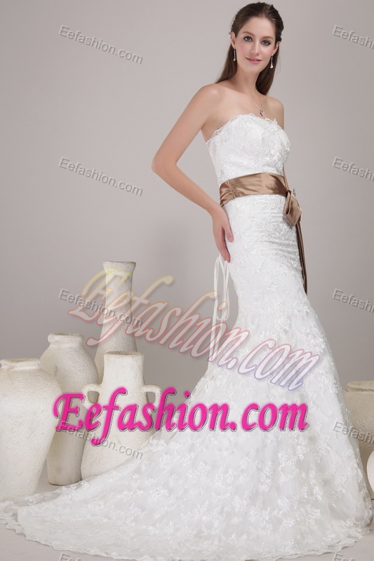 Discount Mermaid Strapless Court Train Lace-up Dress for Brides with Sash