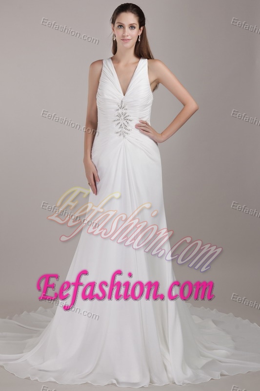 Sweet White A-line V-neck Appliqued Chiffon Wedding Bridal Gown for Fall