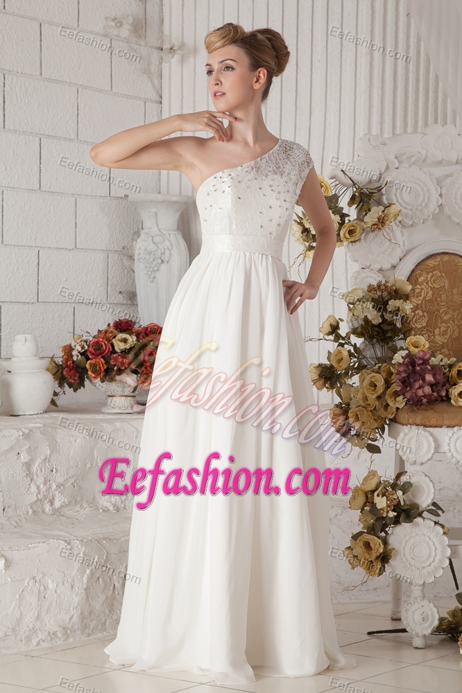 Romantic White One Shoulder Long Chiffon Bridal Gown with Beading