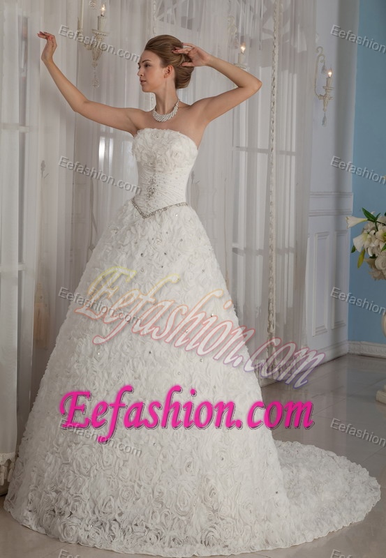 Gorgeous Princess Strapless Chapel Train Bridal Gowns with Rolling Flowers