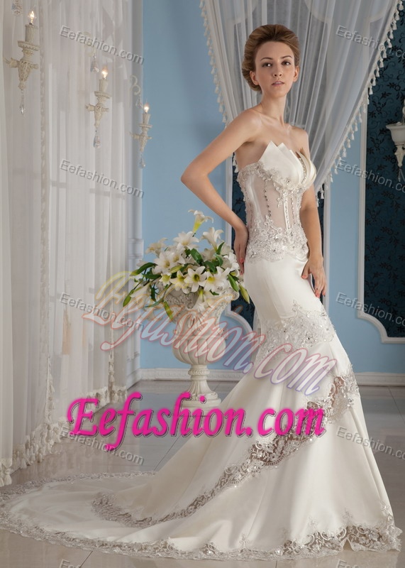 Mermaid Strapless Court Train Lace and Satin Popular Wedding Dress for Fall