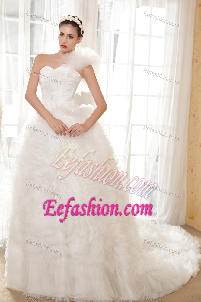 Classical One Shoulder A-line and Tulle Bridal Gown with Chapel Train