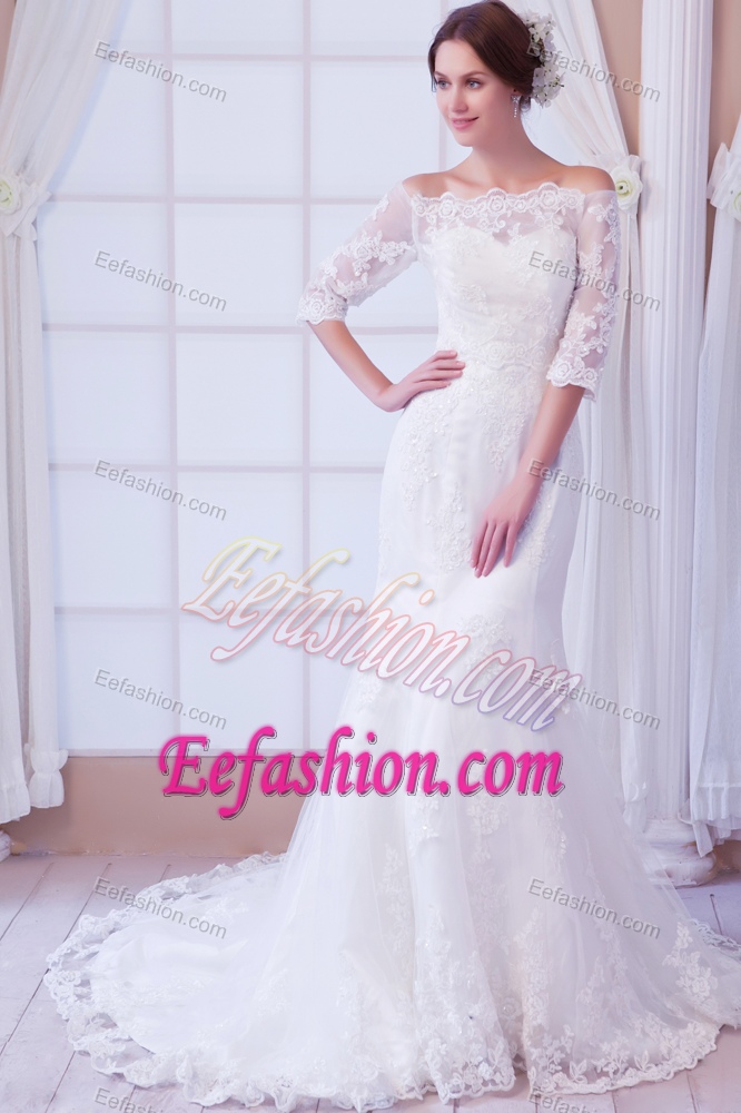 Memorable Mermaid Off The Shoulder Lace Wedding Dress with 1/2 Sleeves