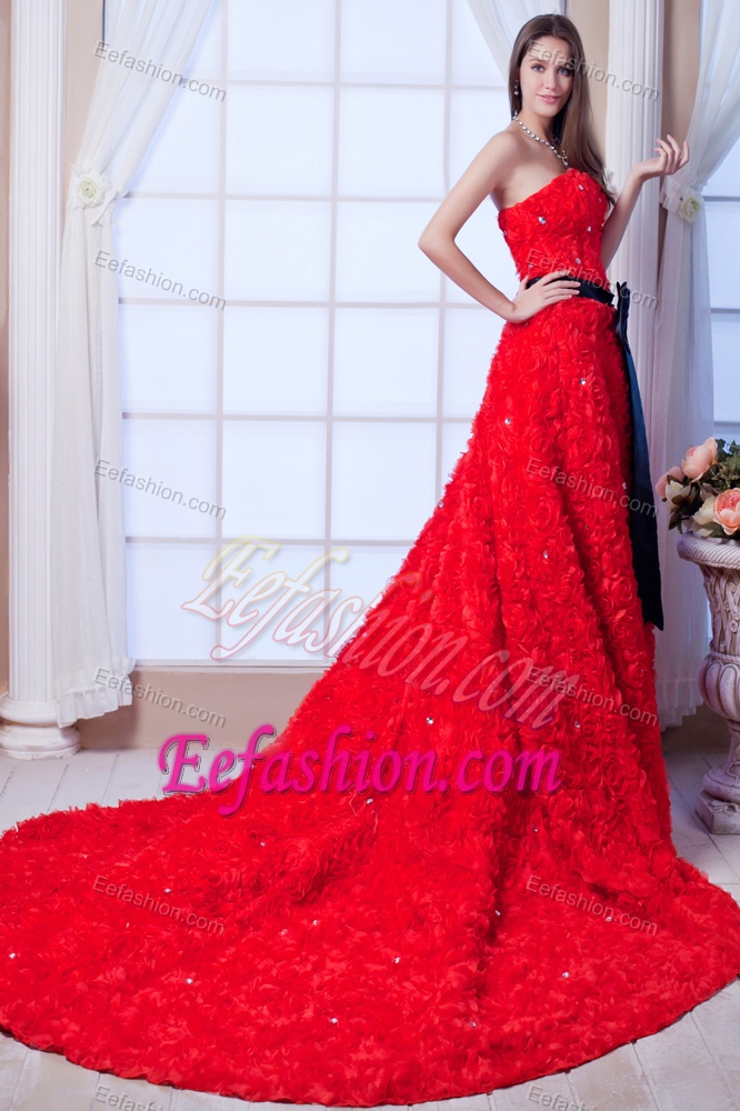 Fabulous Strapless Beaded Cathedral Train Winter Dress for Brides with Sash