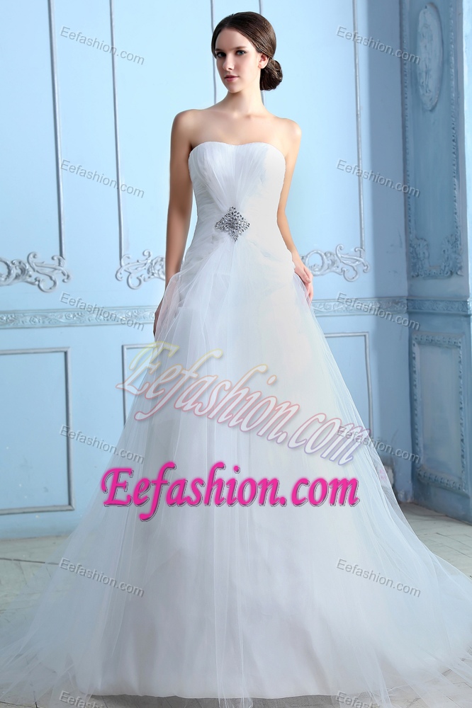 Discount A-line Strapless Tulle Beaded White Wedding Gown with Court Train