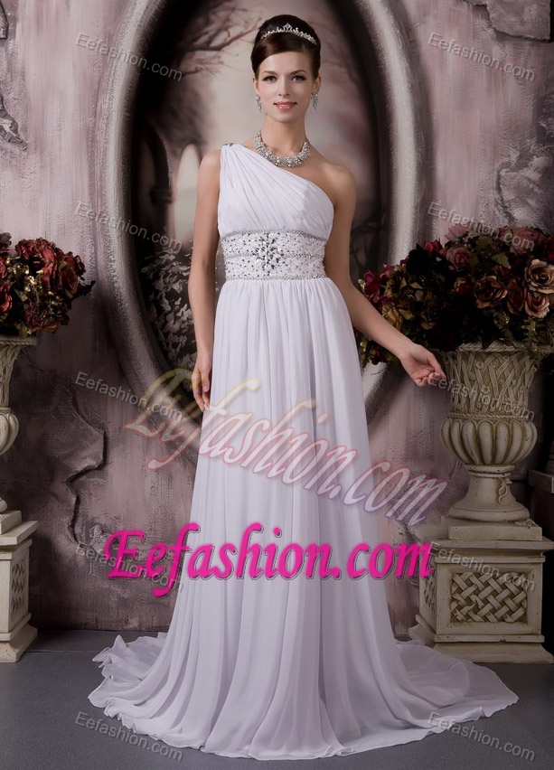 Unique One Shoulder Court Train Chiffon Wedding Bridal Gown with Beading