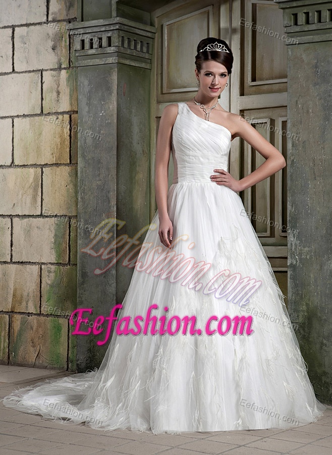 A-line One Shoulder Tulle and Exquisite Wedding Bridal Gown for Fall