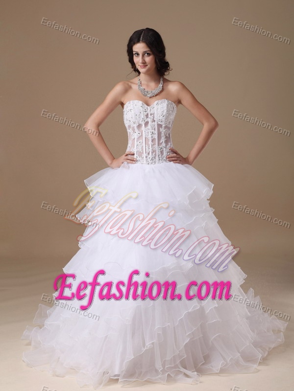 Luxurious A-line Sweetheart Organza Dresses for Wedding with Chapel Train