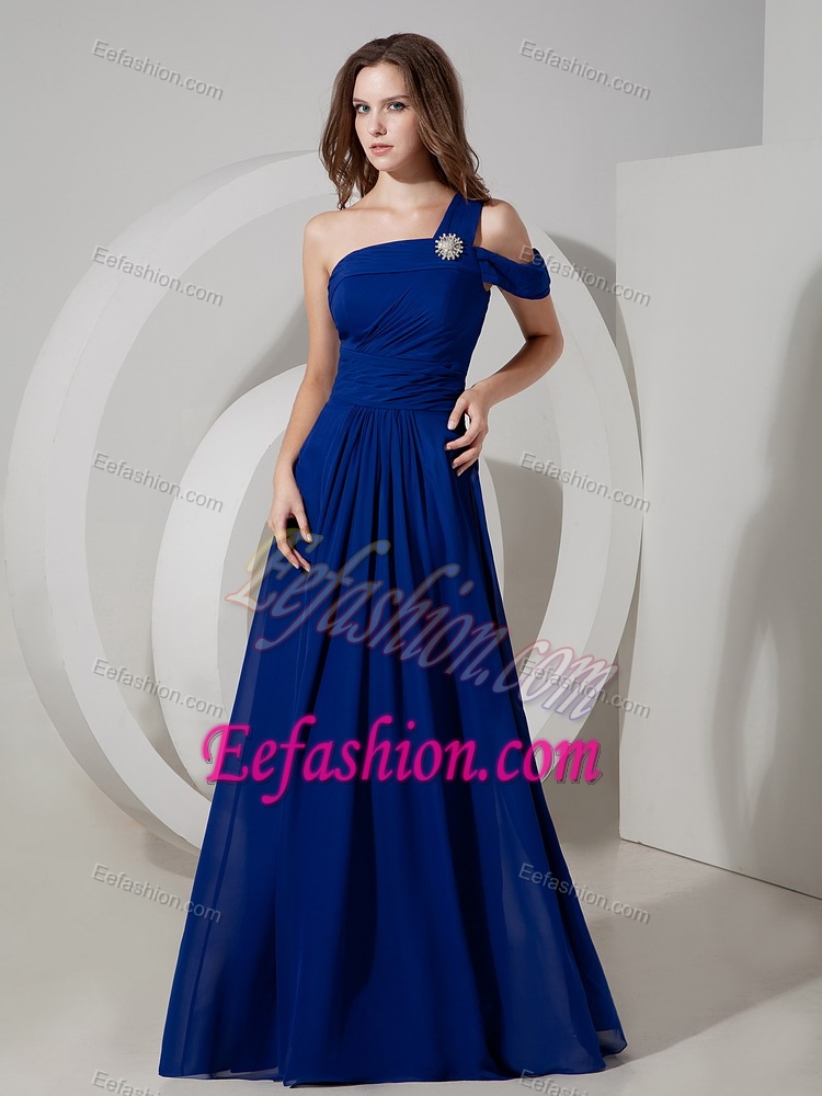 Empire One Shoulder Chiffon Ruche Plus Size Military Dresses in Peacock Blue