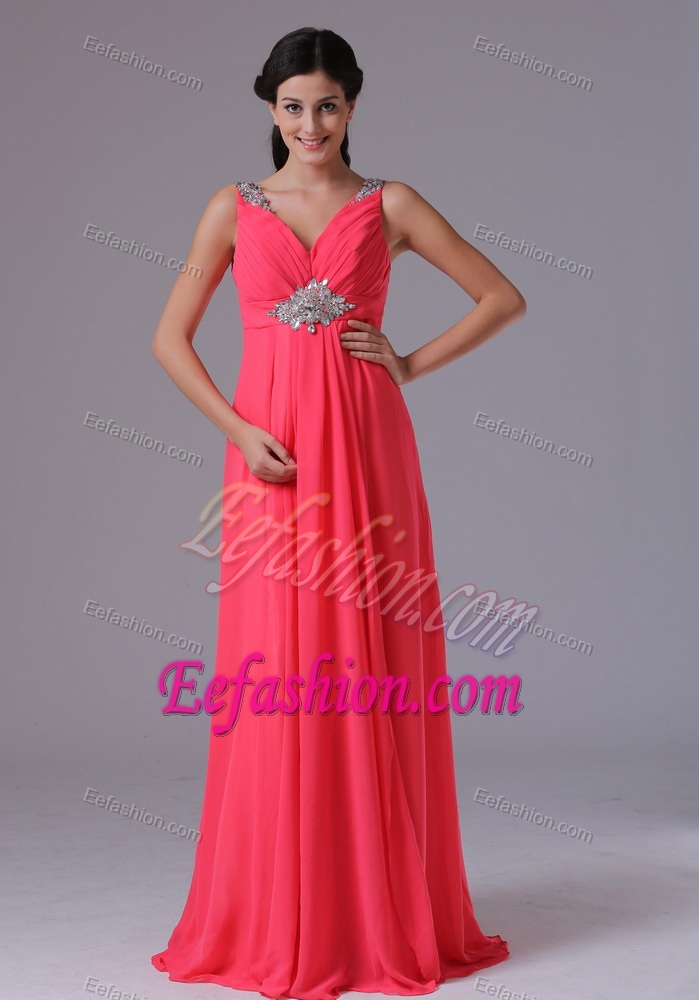 Coral Red V-neck Exquisite Summer Military Dresses for Prom with Beading