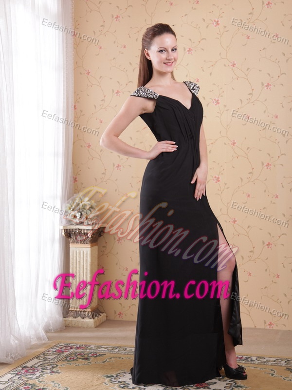 Fabulous Black V-neck Brush Train Chiffon High Slit Military Dress for Prom