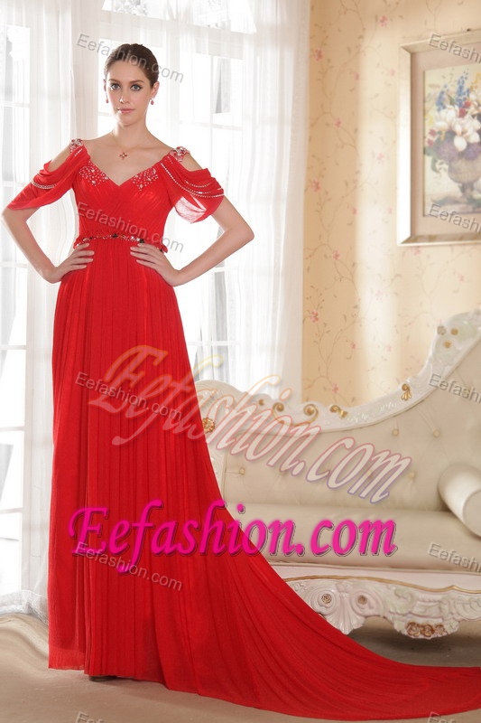 V-neck Chapel Train Chiffon Zipper-up Discount Red Military Dress for Prom