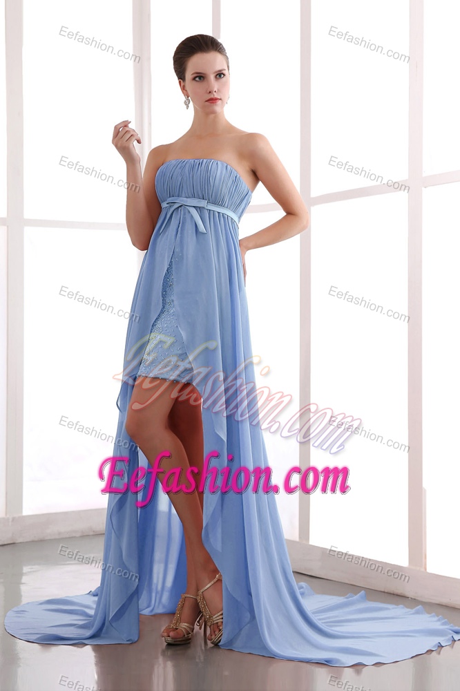 Sexy Ruched and Beaded Court Train Chiffon Military Dresses in Light Blue