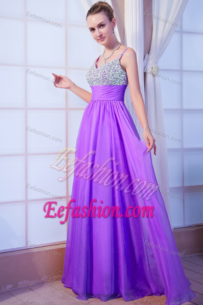 Luxurious Spaghetti Purple Brush Train Military Dress for Party with Beading