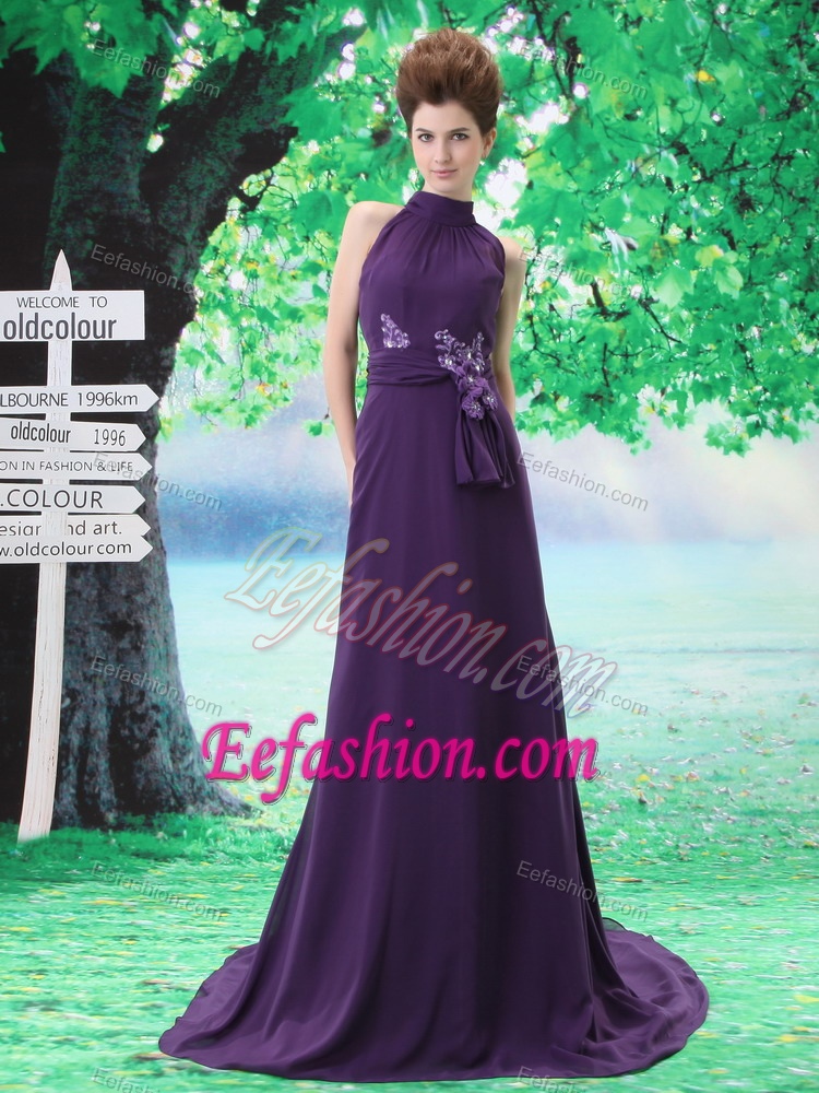 Best Seller Purple High-neck Brush Train Military Dresses for Prom with Sash