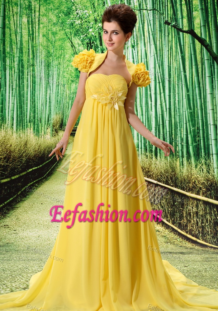 Popular Strapless Ruched Military Dresses for Party in Yellow with Flowers