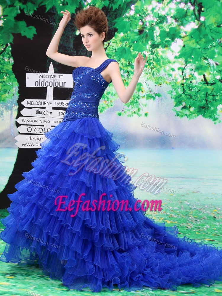 Exquisite One Shoulder Beaded Blue Organza Military Dress with Court Train