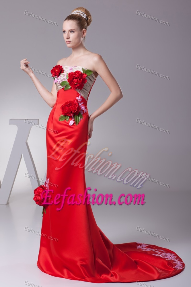 Romantic Strapless Brush Train Ruched Military Dress for Party with Flowers