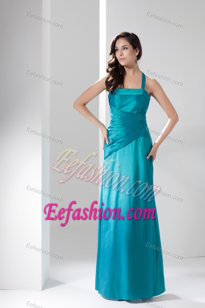 Wonderful Ruched Halter Top Ankle-length Military Dresses in Turquoise