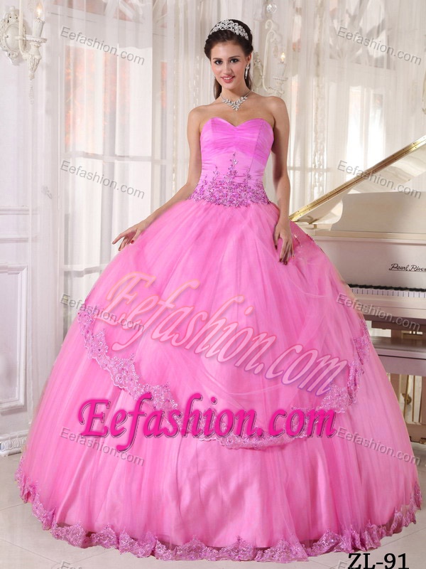Pink Sweetheart and Tulle Appliques Decorated Quinceanera Dresses