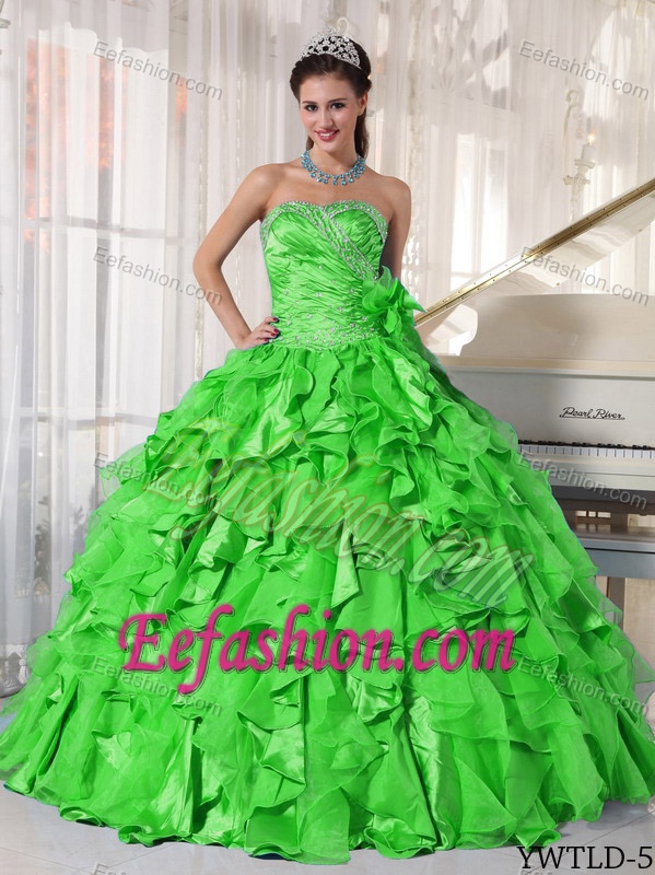 Spring Green Sweetheart Organza Beaded Quinceanera Gown Dress on Promotion