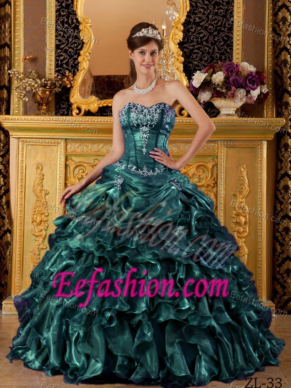 Green Sweetheart Organza Quinceanera Gown Dress with Ruffle Layers on Sale