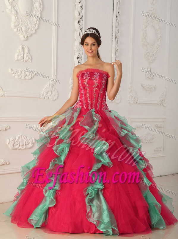 Gorgeous Red and Green Appliqued Long Dress for Quinceanera with Beading