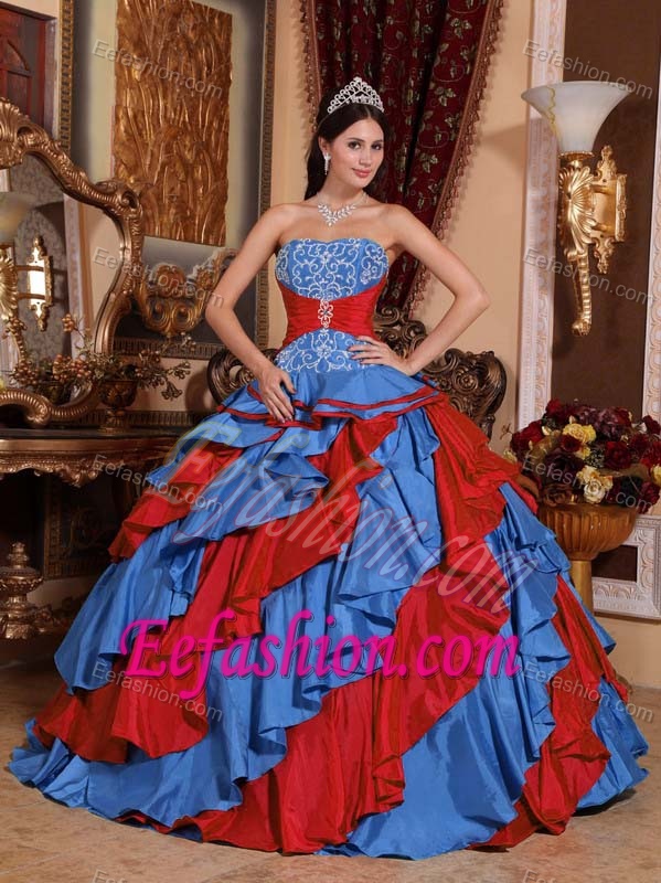2013 Fashionable Blue and Red Embroidered Dresses for Quinceanera