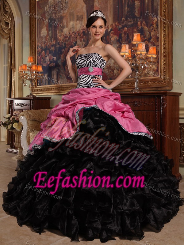 Fabulous Sweetheart Zebra Ruffled Sweet 15 Dresses in Coral Red and Black