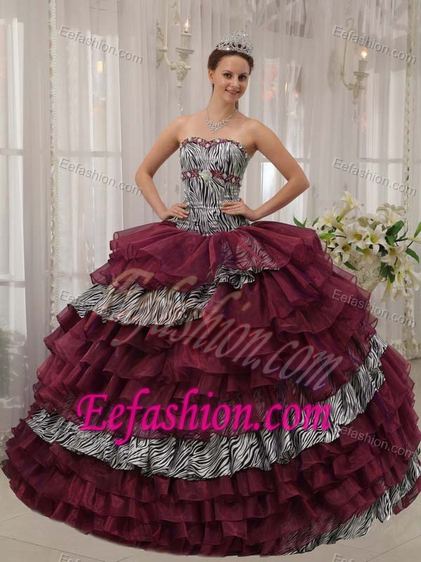 Special Burgundy Zebra and Organza Beaded Quinceaneras Dress for Spring