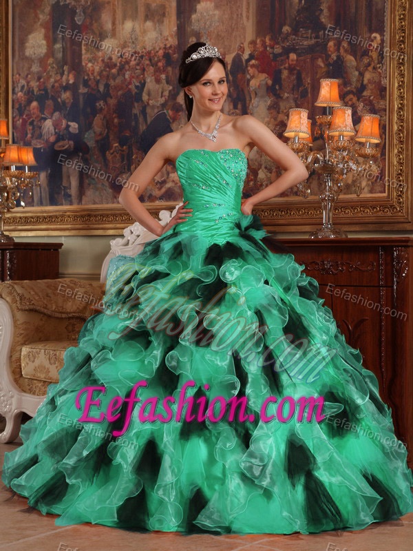 Luxurious Ruched and Beaded Quinces Dress in Green and Black with Ruffles
