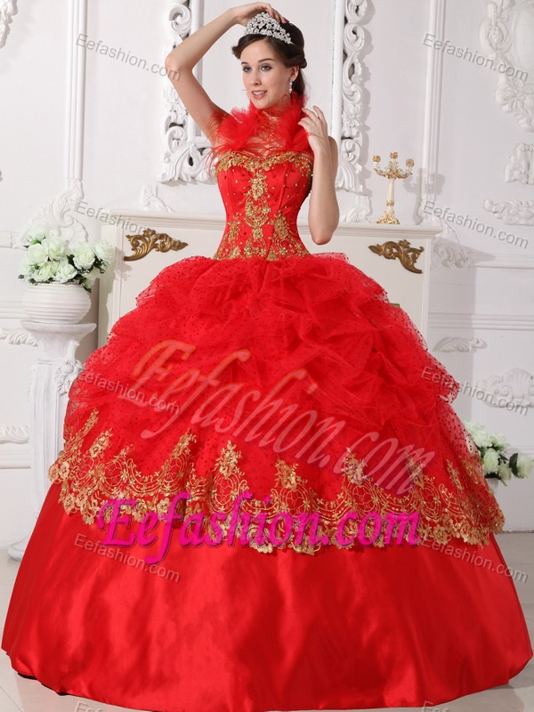 Beaded Halter Top Sweet Sixteen Quinceanera Dress in Red and Gold
