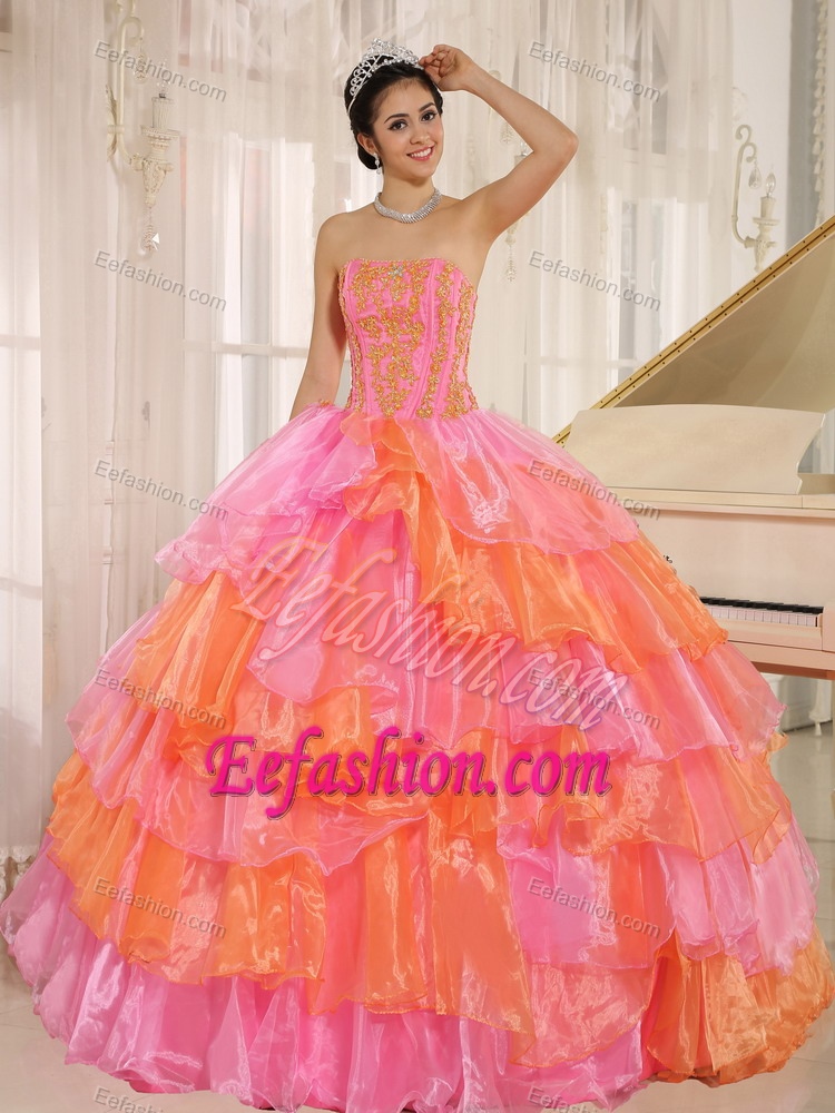 Rose Pink and Orange Organza Quinceanera Dresses with Ruffled Layers