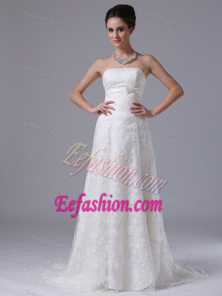 Strapless Dress for Brides with Bowknot and Lace with Court Train