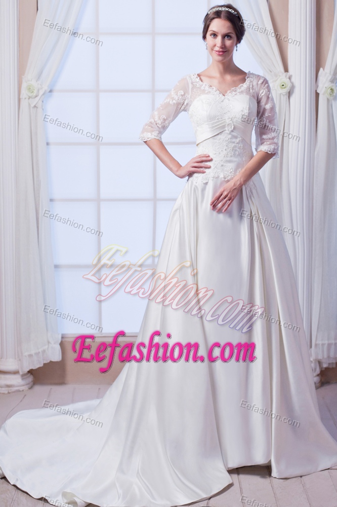 V-neck Court Train Garden Wedding Dresses with Appliques in Lace and Satin