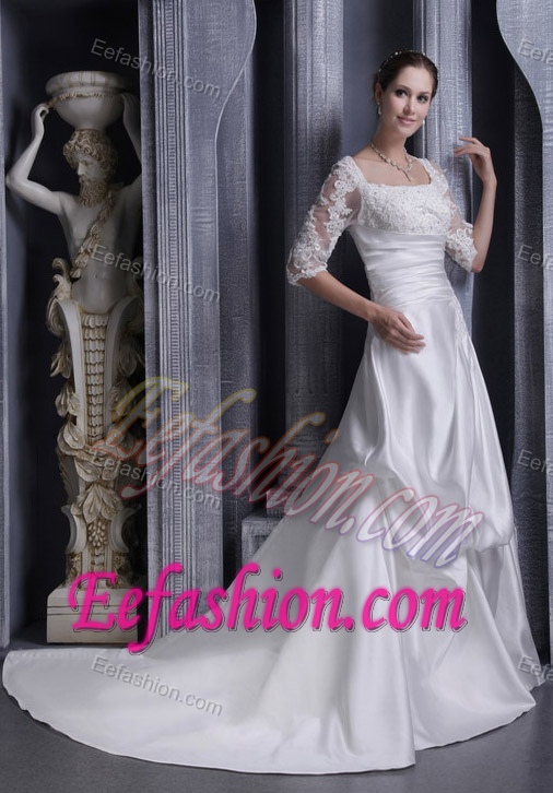 Best A-line Square Outdoor Wedding Dress with Half Sleeves in Lace and Taffeta