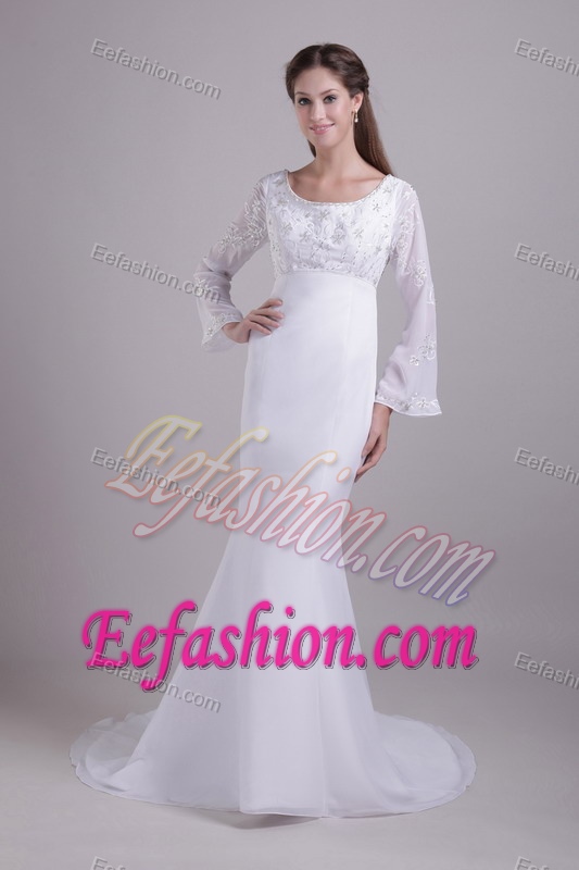 Scoop Mermaid Brush Train Dress for Wedding with Long Sleeves on Promotion